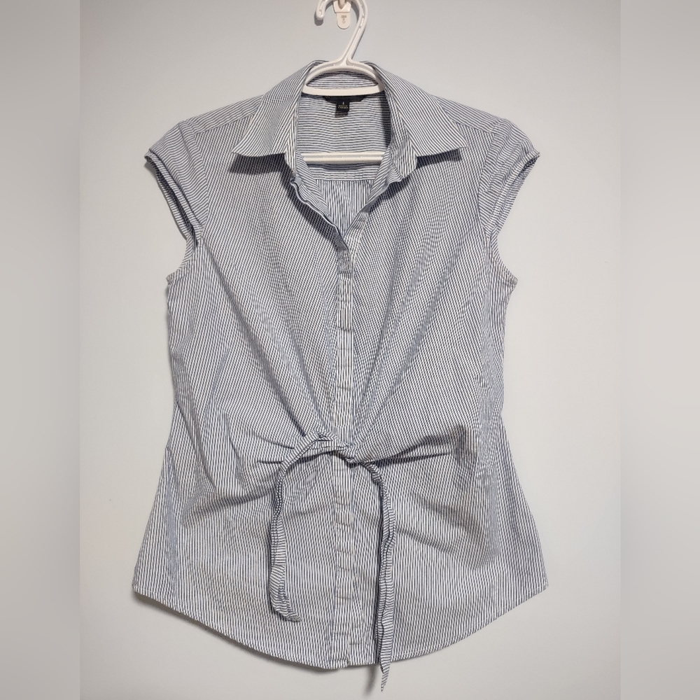 Brooks Brothers Blue Striped Button Down Sleeveless Women's Shirt Sz 4 Front Tie